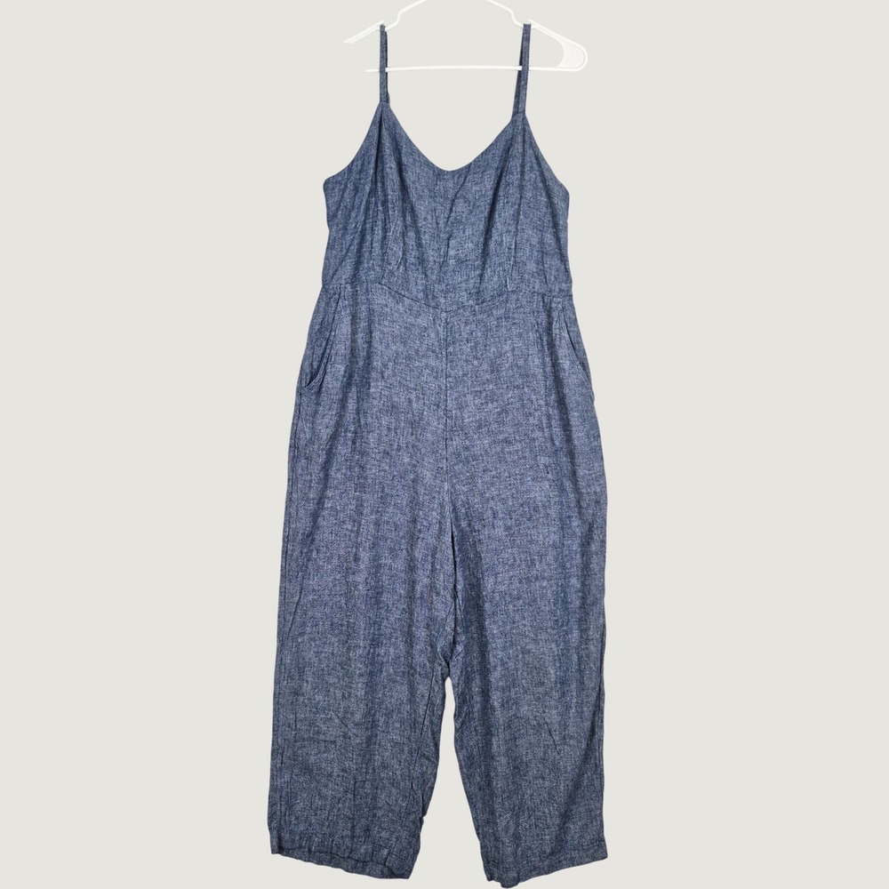 Old Navy Womens Blue Wide Leg Cropped Jumpsuit XL Smocked Back Boho Comfy Overal